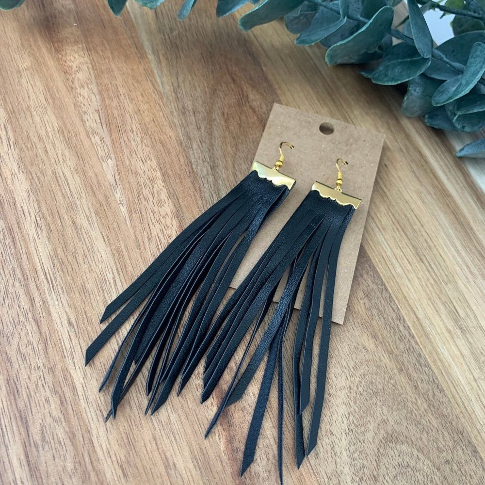 Black Leather Double Layer Fringe Earrings